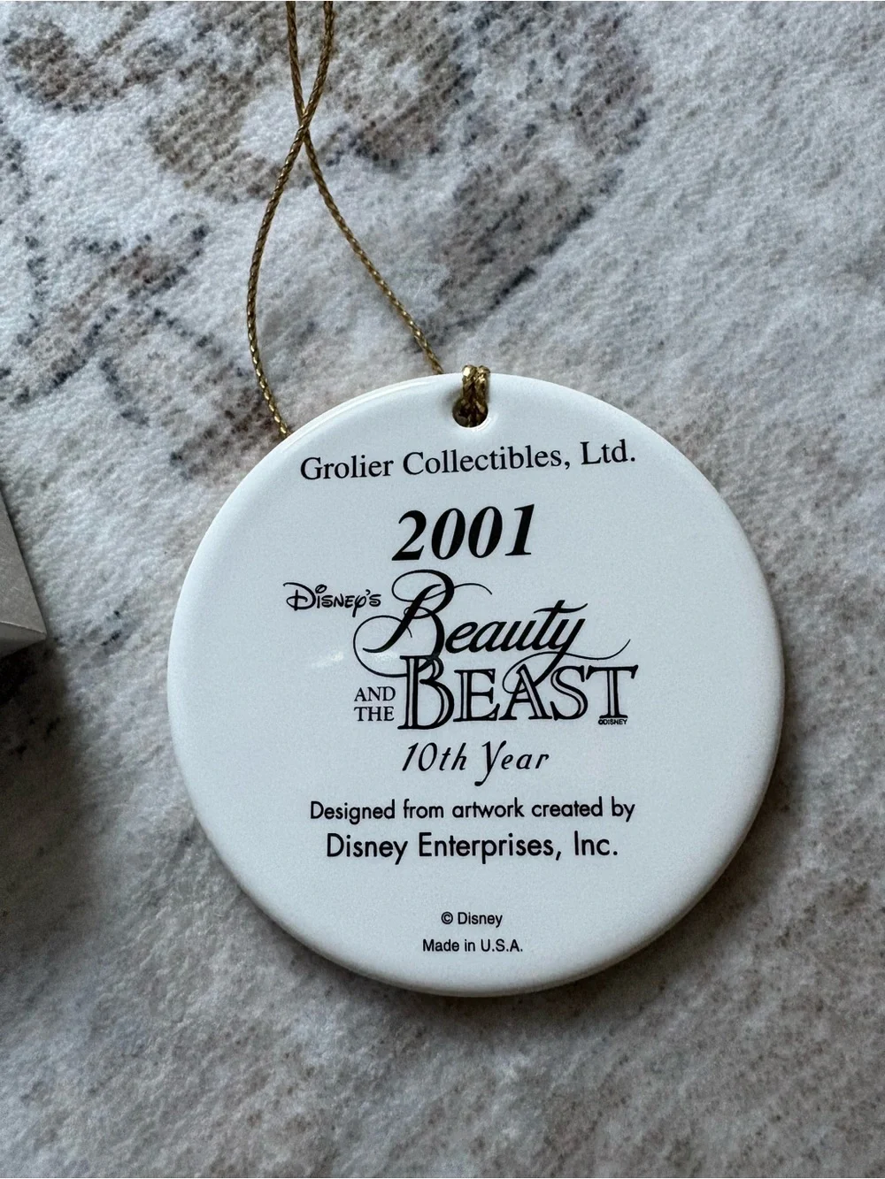 VTG 2001 Beauty The Beast Belle Christmas Disney Grolier Porcelain Disk Ornament